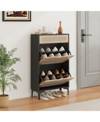 gaomon Shoe Cabinet Rattan Shoe Storage With 2 Flip Drawer and 1 Pull-Out Drawer Heavy Duty Metal Leg Adjustment Shelf Entryway Shoe Organizers