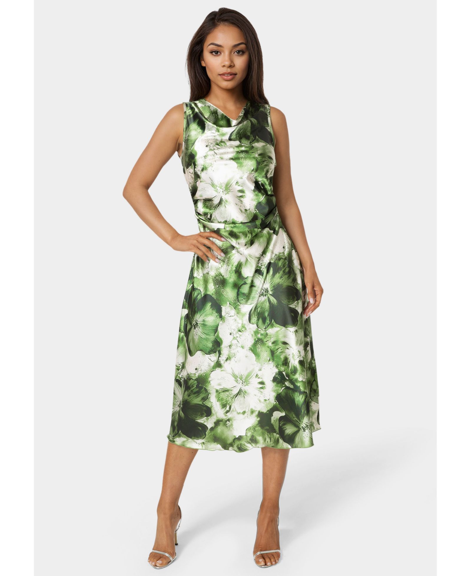 Bebe Women's Printed Satin Cowl Maxi Dress