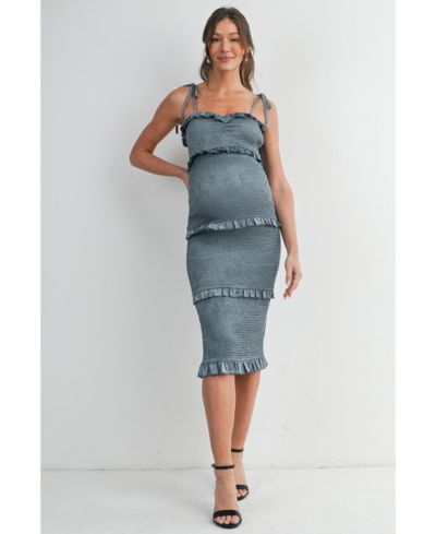 Hello Miz Women's Smocked Bodycon Midi Dress with Ruffle Trim and Tie Straps