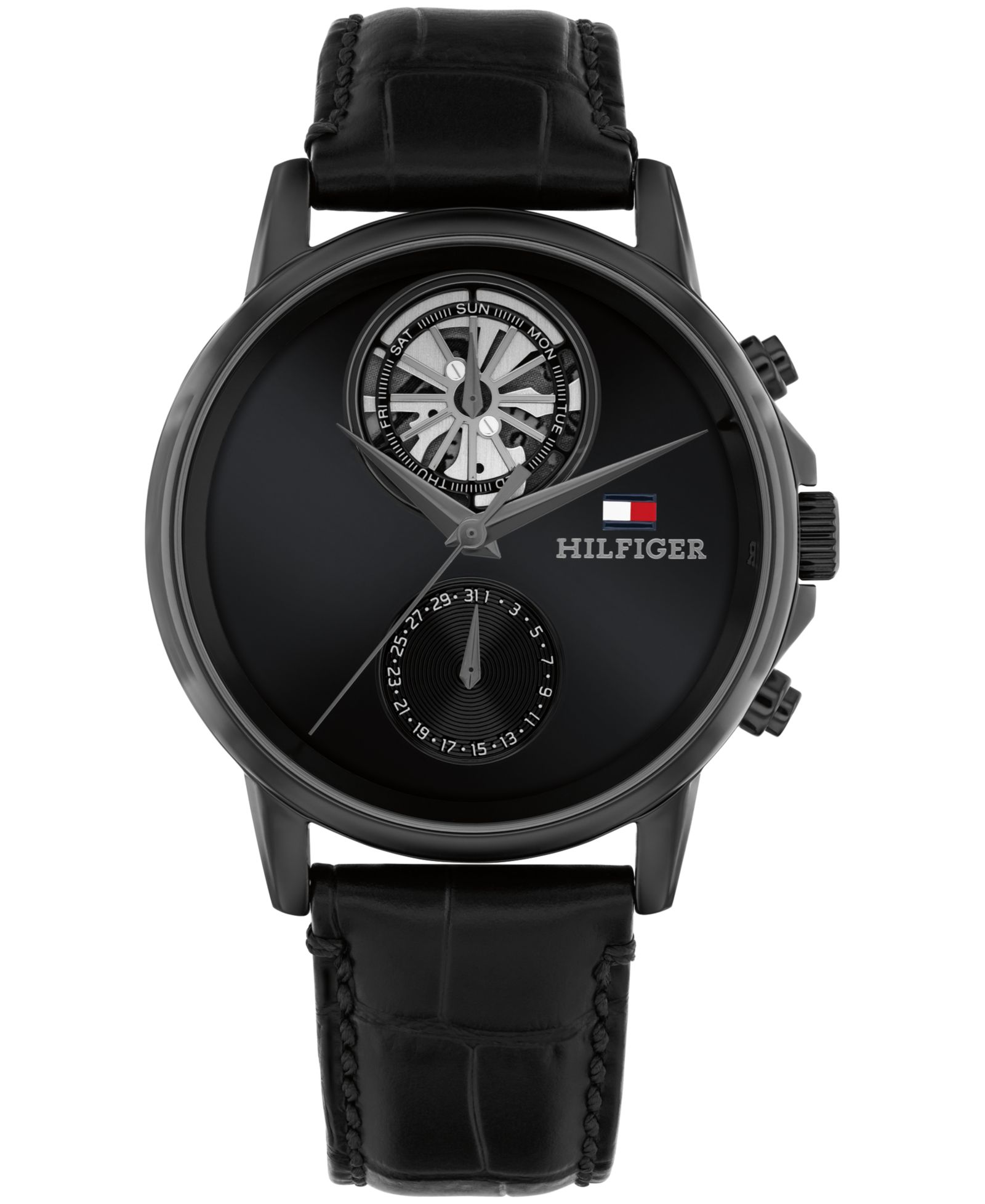 Мужские часы Tommy Hilfiger Multifunction с черным кожаным ремешком, 40mm
