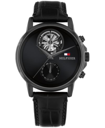 Мужские часы Tommy Hilfiger Multifunction с черным кожаным ремешком, 40mm