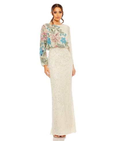 Mac Duggal Women's High Neck Blouson Sleeve Sequin Gown