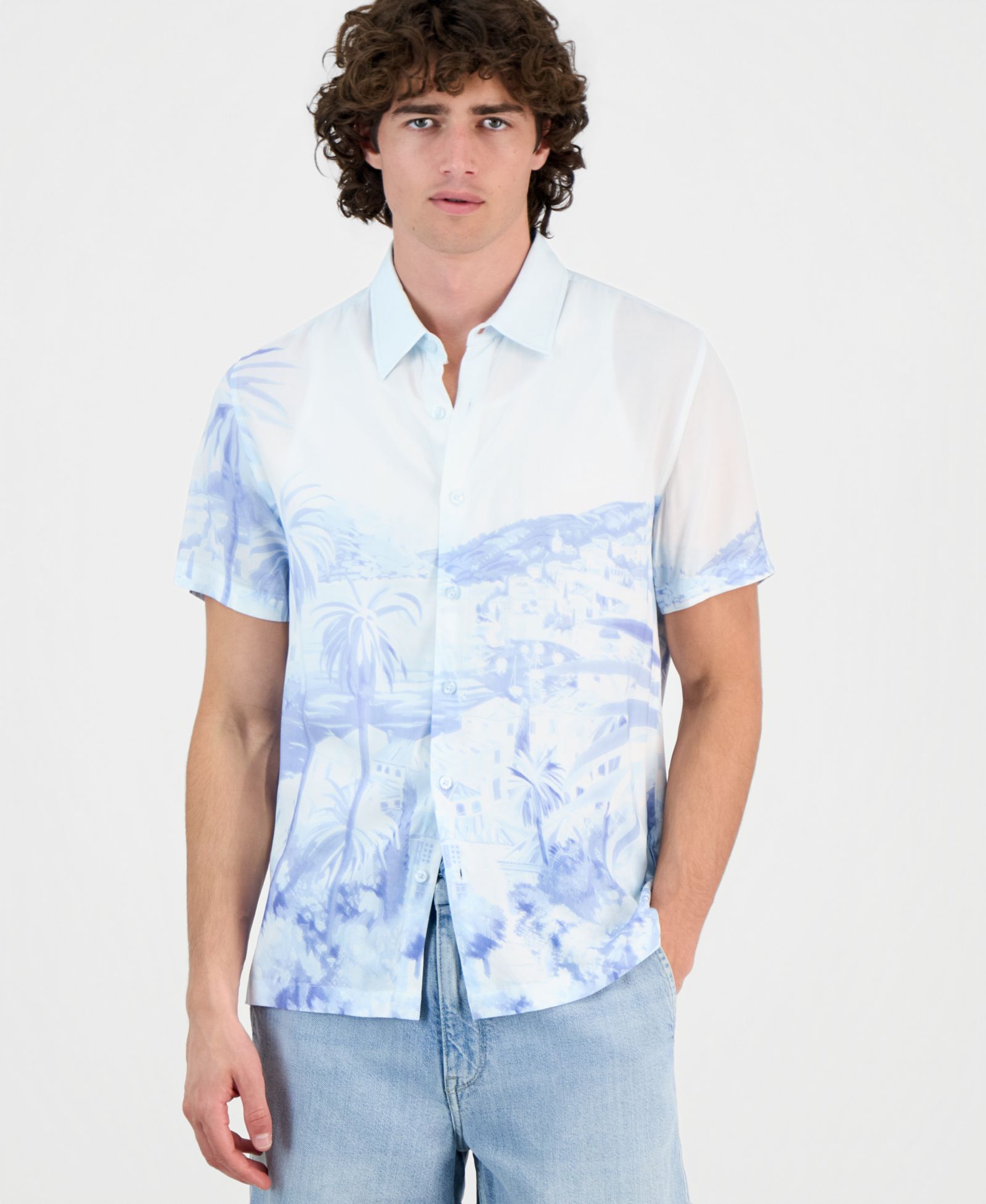 GUESS Men's Riviera Palm-Print Short-Sleeve Button Shirt