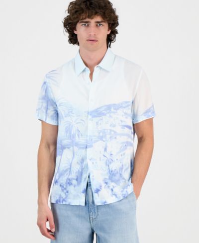 GUESS Men's Riviera Palm-Print Short-Sleeve Button Shirt