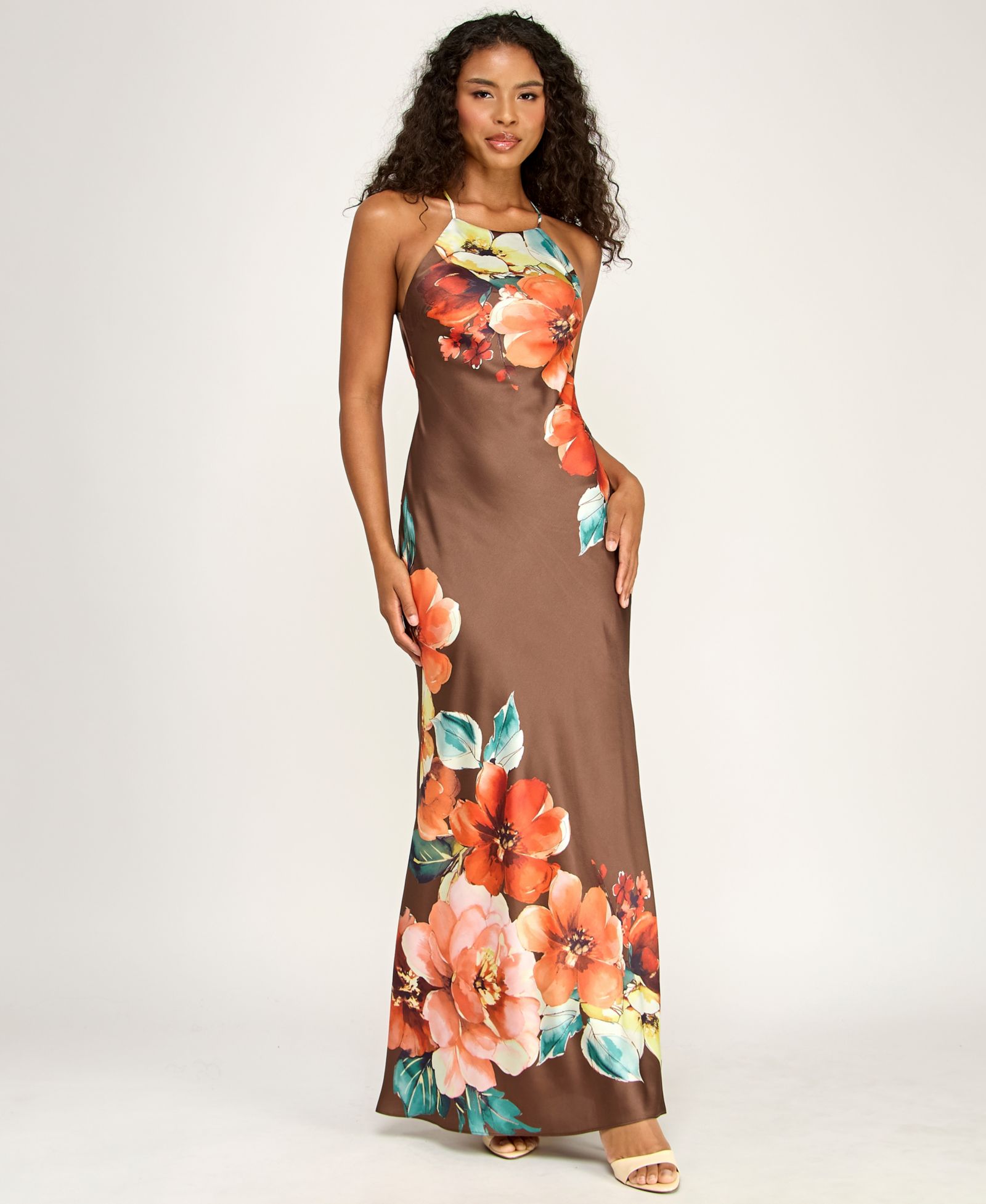Alex & Sophia Juniors' Halter Neck Floral Satin Gown