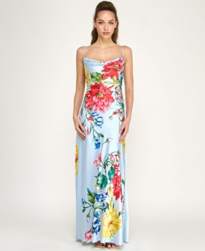 B Darlin Juniors' Cowl Neck Printed Spaghetti Straps Satin Gown