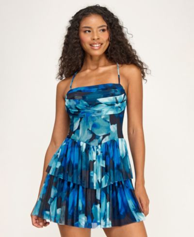 City Studios Juniors' Printed Mesh Straight Neck Tiered Mini Dress
