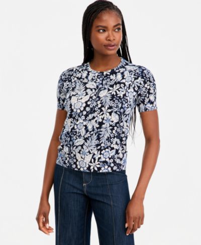 Nautica Women's Cotton Short-Sleeve Floral Sweater