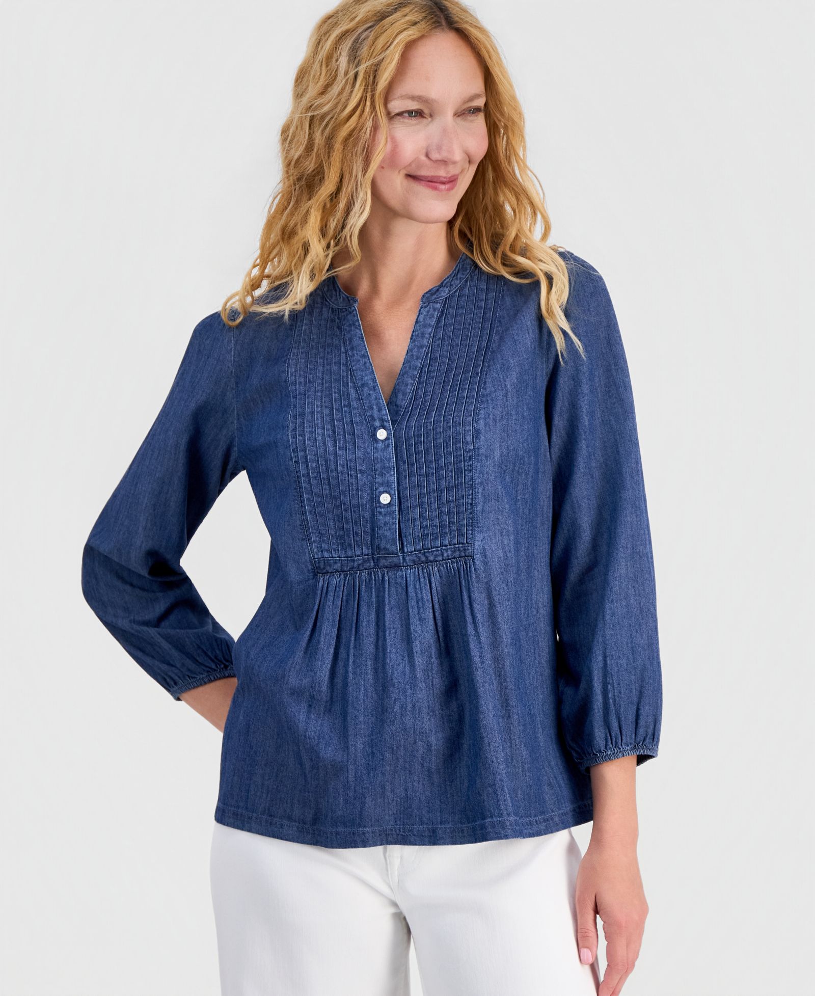 Nautica Women's Chambray Pintuck Popover Blouse