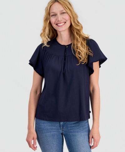 Nautica Women's Flutter-Sleeve Crewneck Tee