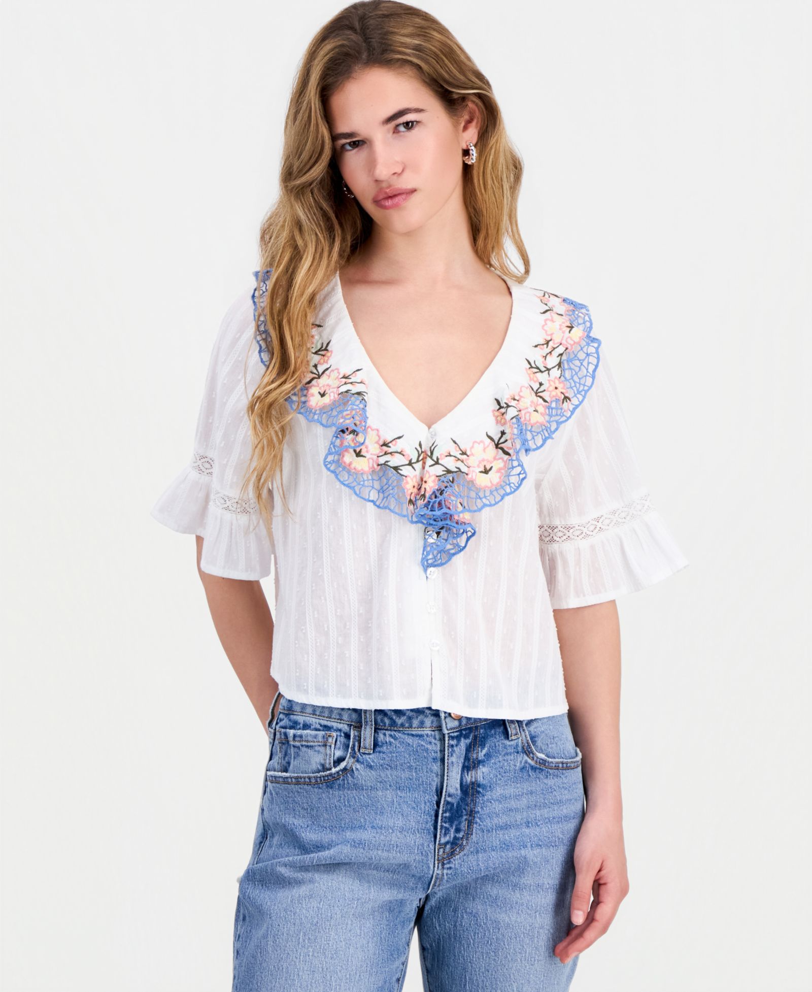 And Now This Petite Cotton Embroidered Ruffled Top, Macy's Exclusive