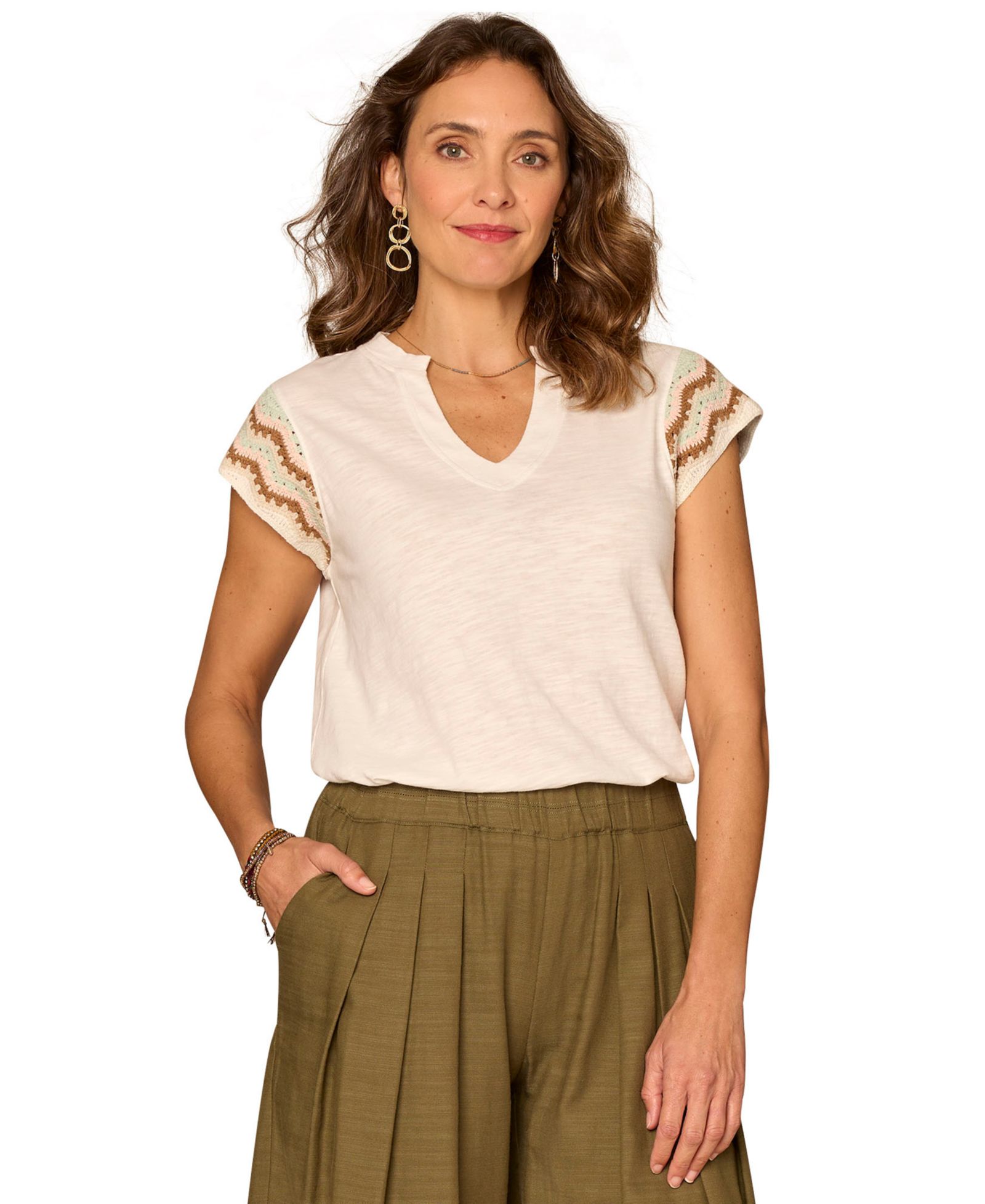 Democracy Petite Crochet Cap-Sleeve Notched Neck Knit Top