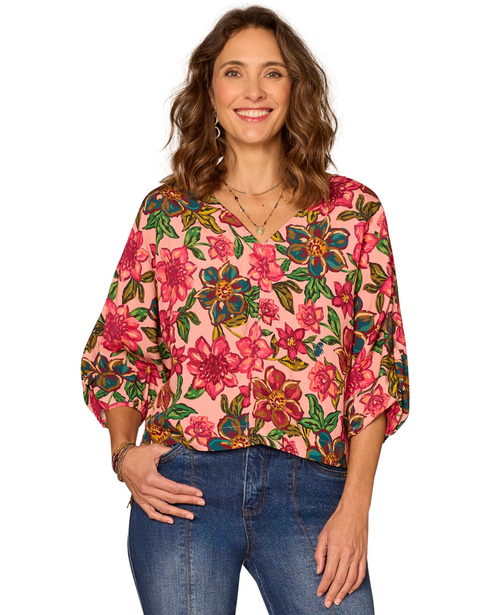 Democracy Petite Floral Kimono-Sleeve V-Neck Woven Top