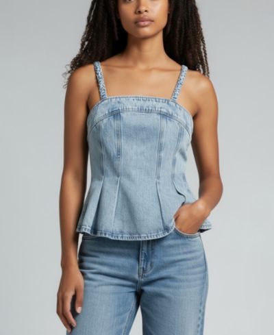 BLANK NYC Women's Square Neck Sleeveless Cotton Denim Top