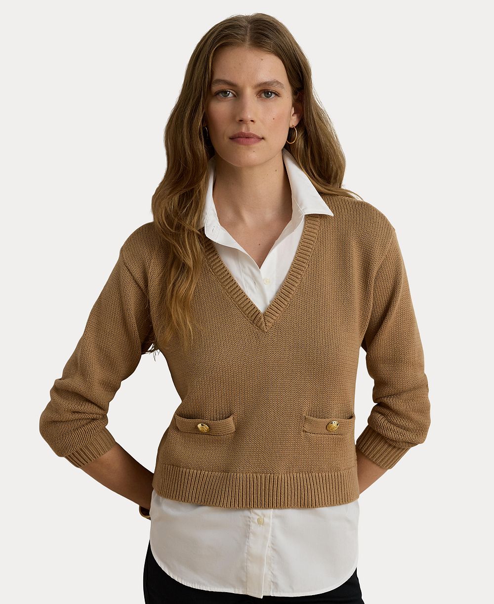 Lauren Ralph Lauren Women's V-Neck Long-Sleeve Relaxed-Fit Cotton Sweater