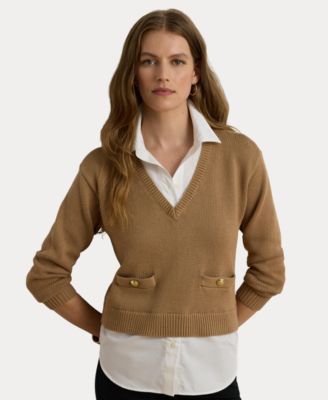 Женский хлопковый свитер Lauren Ralph Lauren с V-образным вырезом и длинным рукавом свободного кроя