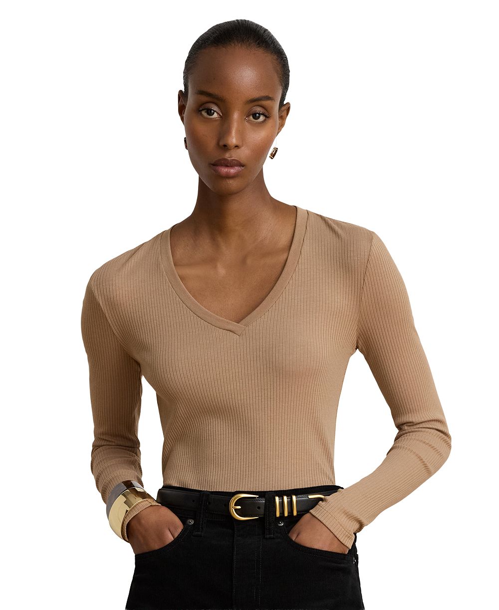 Lauren Ralph Lauren Women's Rib-Knit Long-Sleeve V-Neck Top