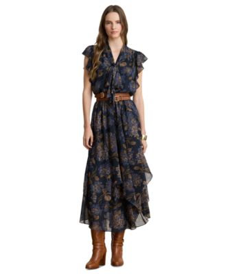 Женское платье midi Lauren Ralph Lauren Floral Crinkle Georgette Tie-Neck
