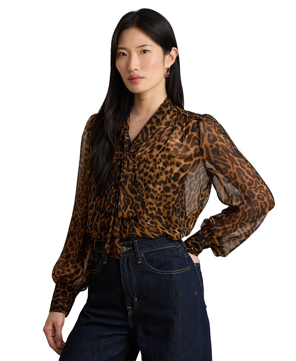 Lauren Ralph Lauren Женская блузка Chiffon Tie-Neck Ocelot-Print