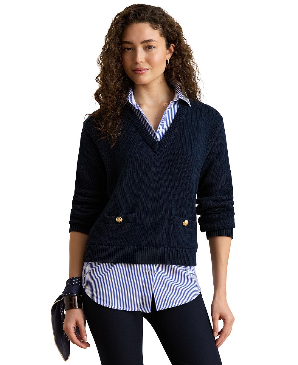 Женский джемпер Lauren Ralph Lauren из гребенной хлопковой ткани с V-образным вырезом и воротником рубашки