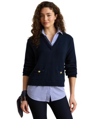 Lauren Ralph Lauren Women's Combed Cotton V-Neck Shirt Collar Pullover Sweater