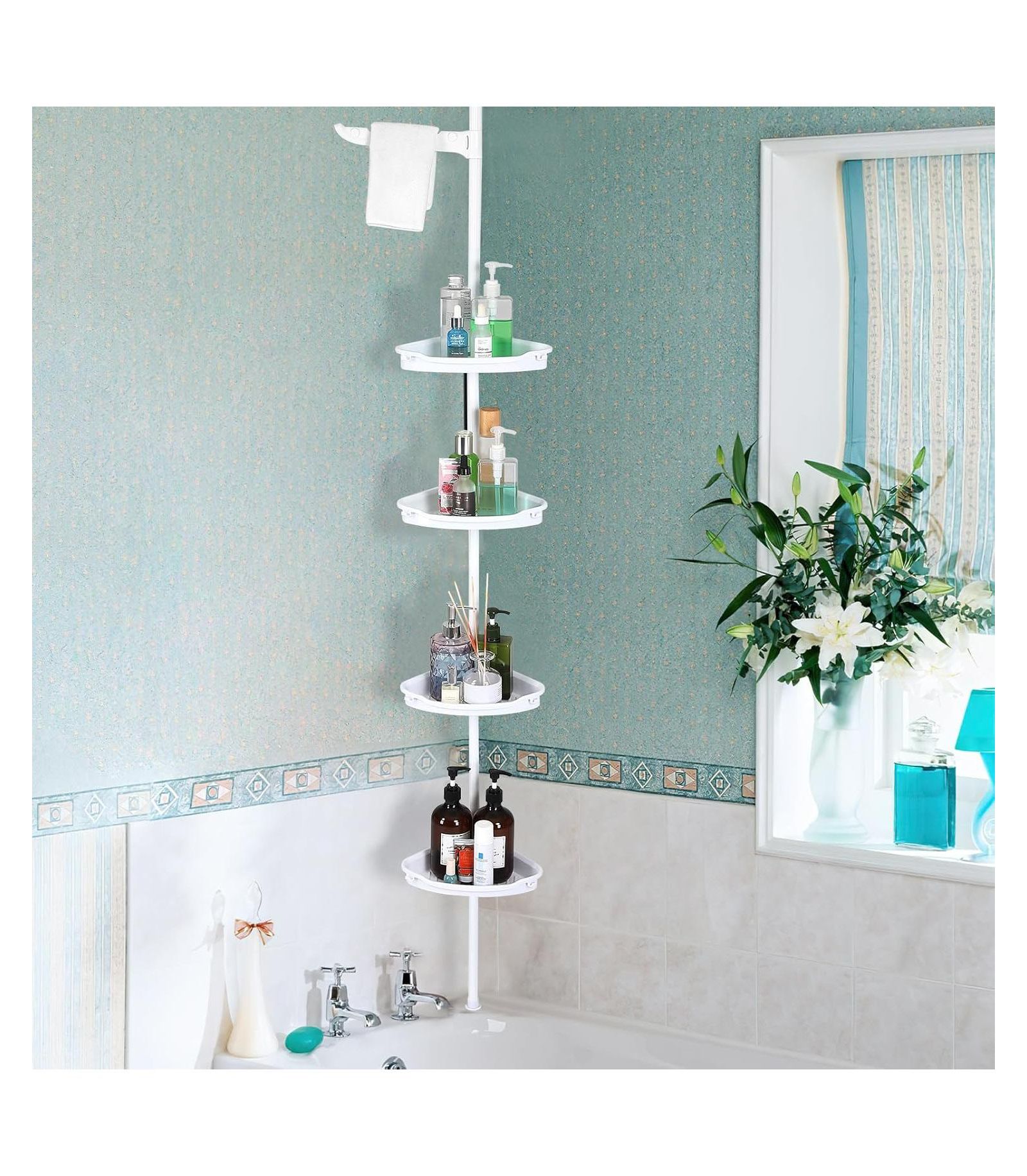 Homfan Corner Shower Caddy Tension Pole,102"-122" Height, Rust Proof No Drilling Bathroom Organizer with Adjustable Trays