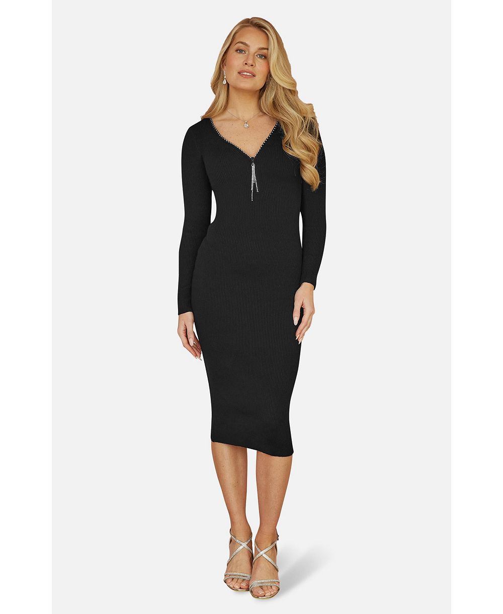 Женское облегающее миди-платье Yumi Ribbed Zip-Neckline Fitted