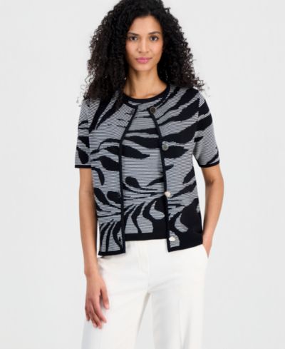 Anne Klein Women's Jacquard-Knit Short-Sleeve Cardigan Sweater