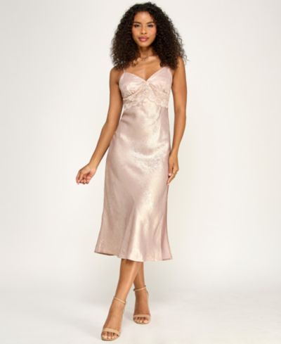 Женское кружевное платье KATIA RAE Juniors' Lace Trim Hammered-Satin Slip Dress
