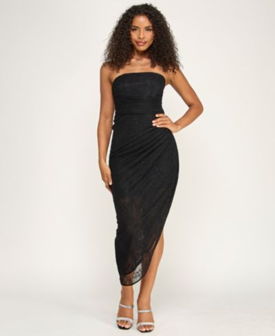 KATIA RAE Juniors' Strapless Ruched Asymmetric Hem Midi Dress