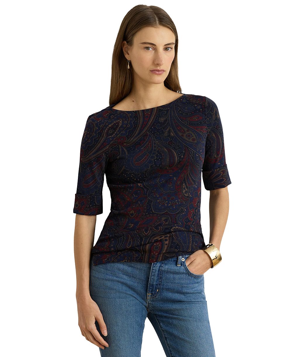 Lauren Ralph Lauren Women's Paisley Boatneck Elbow-Length-Sleeve T-Shirt