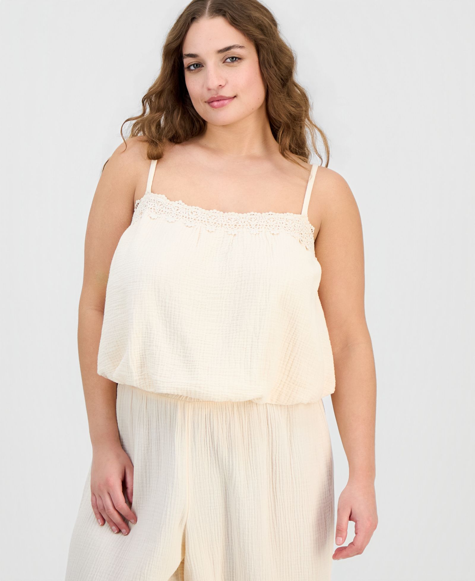 And Now This Plus Cotton Crochet-Trim Bubble-Hem Top, Macy's Exclusive