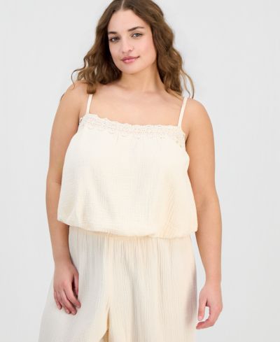 And Now This Plus Cotton Crochet-Trim Bubble-Hem Top, Macy's Exclusive