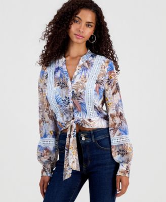 GUESS Women's Long-Sleeve Zahara Tie-Front Top