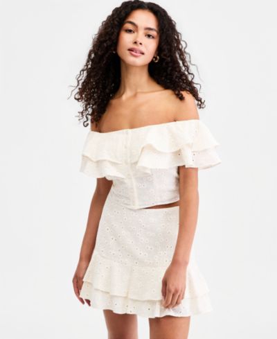 GUESS Women's Sade Ruffled Cotton Off-The-Shoulder Top