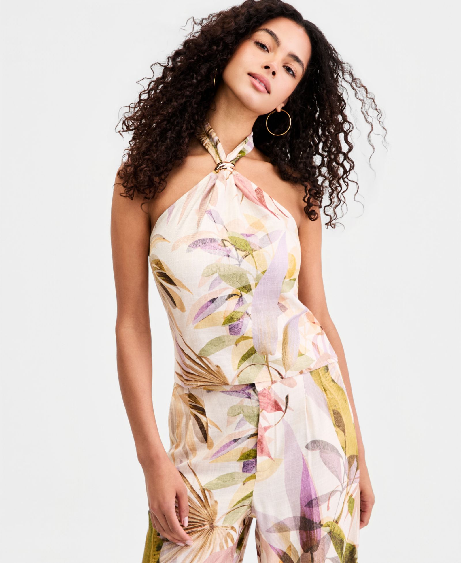 GUESS Women's Kiara Printed Sleeveless Linen-Blend Halter Top