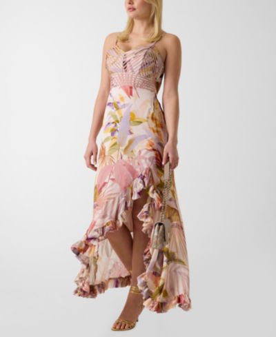 GUESS Women's Sleeveless Amina Ruffle Hi-Low Hem Printed Dress