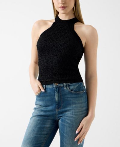 GUESS Women's Sleeveless Pointelle Stitch Serina Lurex Sweater