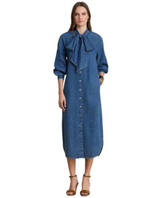 Женское платье-рубашка миди Lauren Ralph Lauren из денима с завязками на шее