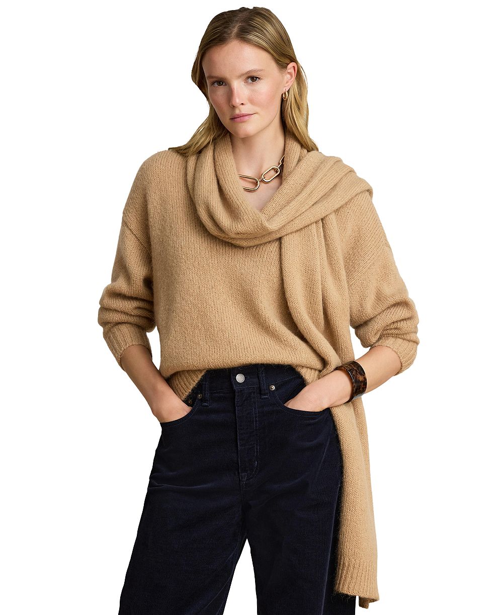 Lauren Ralph Lauren Women's Lofty Mohair Blend-Long Detachable Scarf V-Neck Sweater