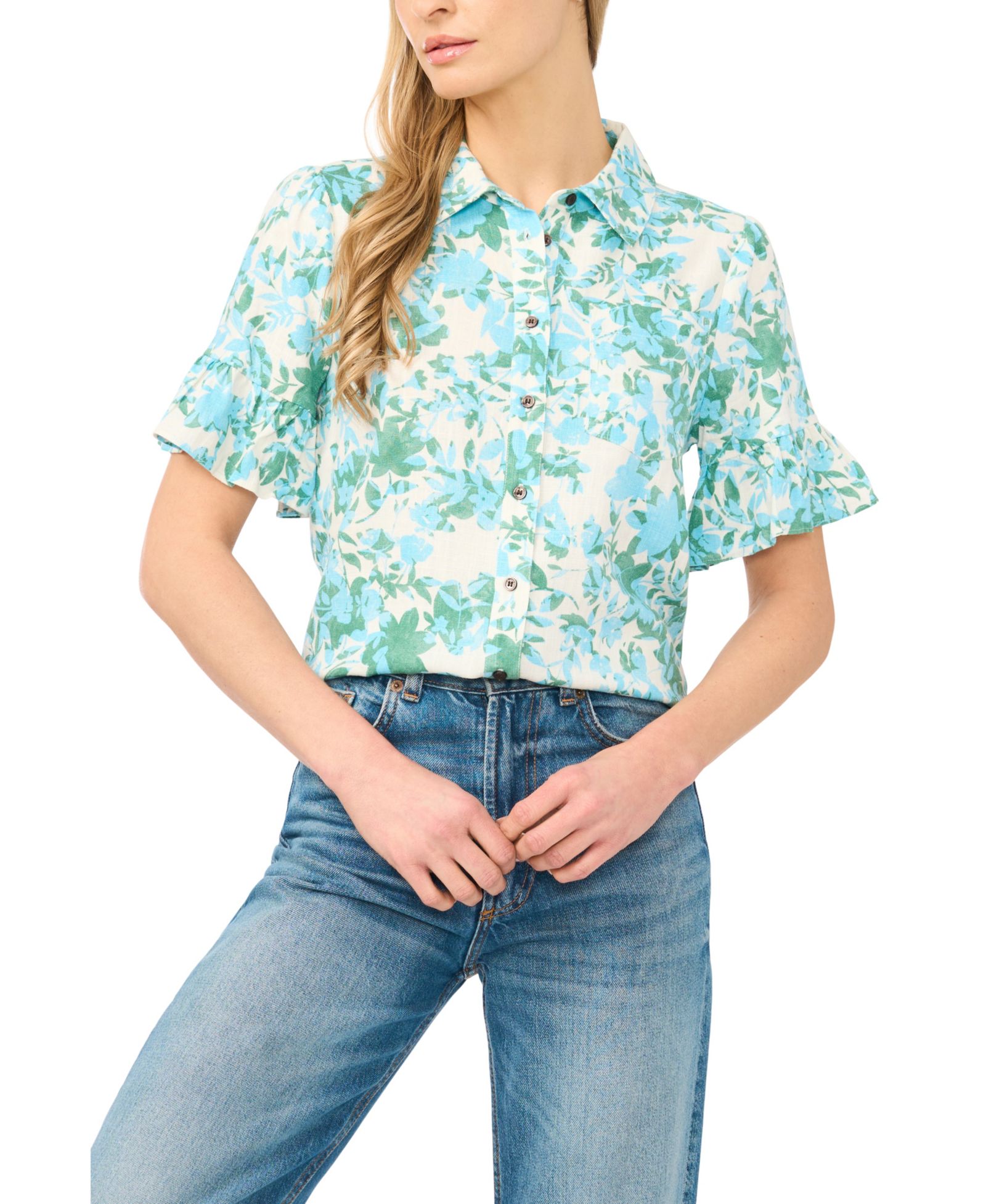 CeCe Women's Short-Sleeve Button-Down Cropped Top