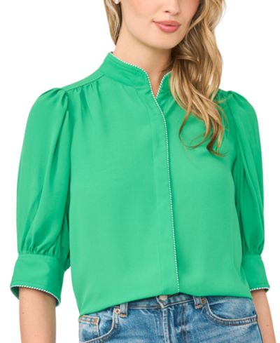 CeCe Women's Pearce Puff-Sleeve Open Collar Top