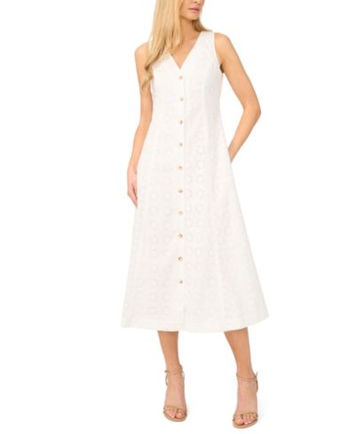 CeCe Women's V-Neck Sleeveless Button-Down Cotton Midi Dress