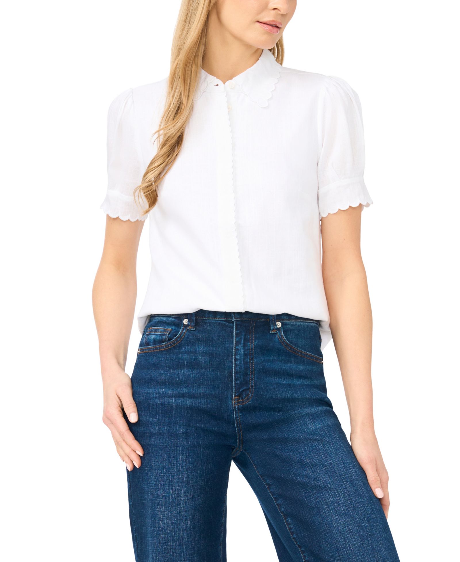 CeCe Women's Linen-Blend Short-Sleeve Collared Button-Up Shirt
