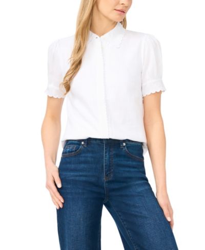CeCe Women's Linen-Blend Short-Sleeve Collared Button-Up Shirt