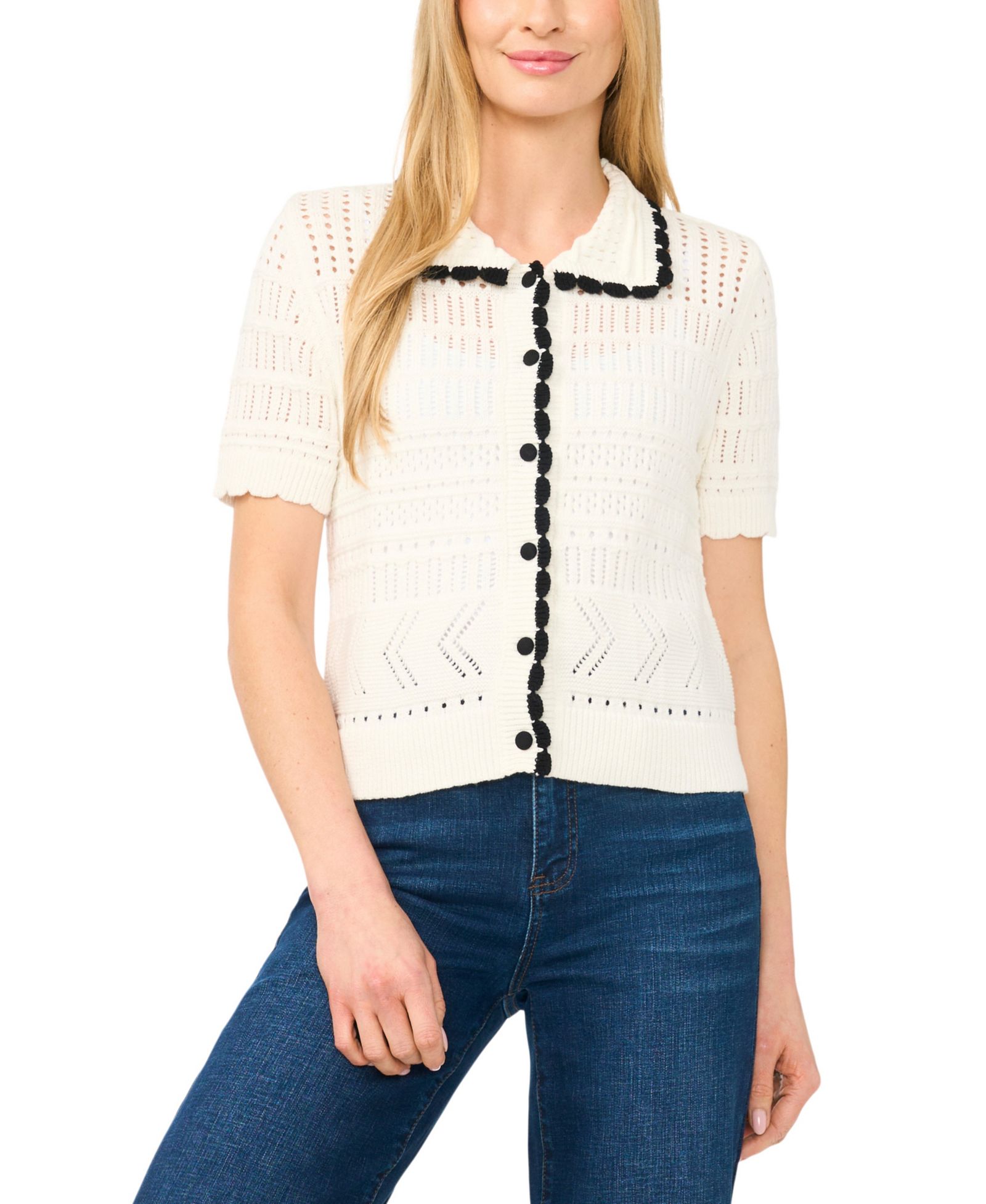 CeCe Women's Short-Sleeve Collared Cotton Cardigan