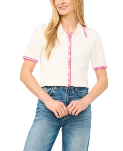 CeCe Women's Pointelle Short-Sleeve Collared Cotton Cardigan