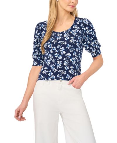 CeCe Women's Crewneck Shirred Short-Sleeve Top