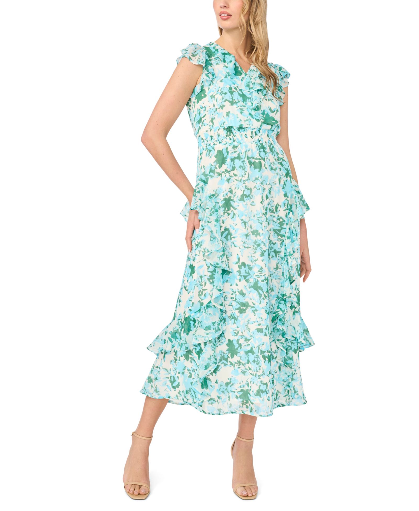 CeCe Women's Printed Ruffle Wrap Midi Dress