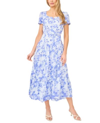 CeCe Women's Linen-Blend Floral Short-Sleeve Square Neck Tiered Midi Dress